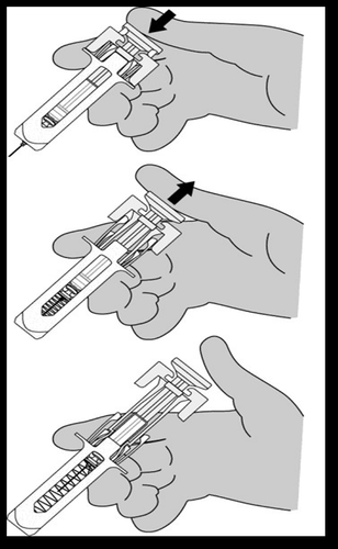 Mano che tiene un dispositivo autoiniettore con ago esposto e freccia che indica la pressione per l