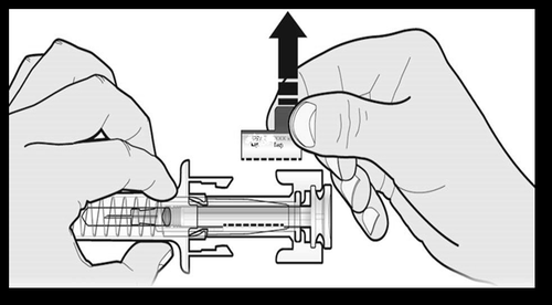 Due mani che tengono e premono un dispositivo autoiniettante con ago visibile e indicazione freccia verso l