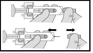 Dispositivo di iniezione automatico con due mani che lo tengono e frecce che indicano il movimento del pistone
