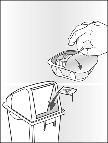 Mano che getta blister e foglietto illustrativo in un cestino da rifiuti con indicazione della direzione