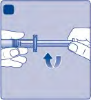 Due mani che tengono una siringa preriempita con freccia blu curva che indica la direzione di spinta del pistone