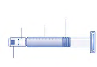 Siringa preriempita trasparente con stantuffo blu e ago sottile visibile all