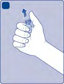 Mano che tiene un flaconcino di vetro blu con un tappo nero, freccia blu indica la direzione di rotazione per aprire il contenitore