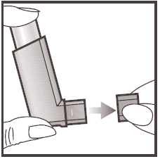 Inalatore grigio e bianco tenuto in mano con freccia che indica l