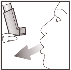 Profilo di un volto con un inalatore aerosol tenuto in mano e una freccia che indica l