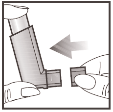 Inalatore tenuto in mano con freccia che indica l