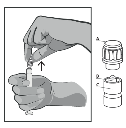 Mano che avvita un cilindro bianco con tappo nero su una fiala trasparente indicata da una freccia con le lettere A, B e C