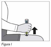 Hand holding autoinjector with tip down on skin and arrow indicating injection direction