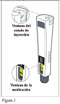 White autoinjector device with two indicator windows, one for injection status and one for medication