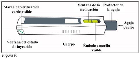 Autoinjector pen with white body, injection status window, visible yellow plunger, and inserted needle