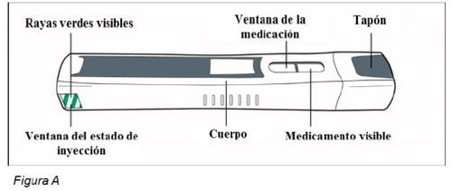 Autoinjector device with white body and gray details showing injection status window, medication window, and visible medication