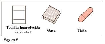 Alcohol swab, folded gauze, and oval-shaped cold compress with red border on white background