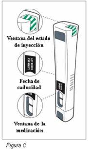 White autoinjector device with green details showing injection status window, expiration date, and medication window