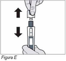 Hand holding autoinjector with arrow pointing up and another pointing down indicating device direction