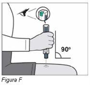 Hand holding autoinjector at 90-degree angle over skin showing internal mechanism detail