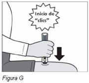 Hand holding autoinjector pressed against thigh with black arrow indicating direction and text bubble