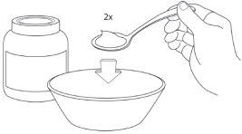 Spoon with medicine over an open container and a closed bottle next to it, arrow indicates pouring