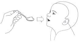 Hand holding a spoon approaching the open mouth of a baby with an arrow indicating direction