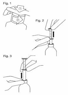 Instructions for use showing hands holding a device over a vial with arrows indicating direction