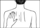 Hand indicating the area of the arm for intramuscular injection, showing the ideal location between the shoulder and the armpit