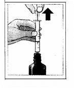 Hand holding syringe extracting liquid from vial with needle inserted and arrow indicating upward direction