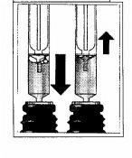 Two syringes showing the process of extracting liquid with arrows indicating upward and downward directions