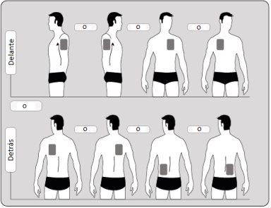 Men showing application areas on torso, back, and arms with gray squares indicating injection sites