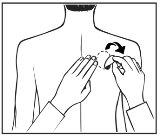 Hands holding an auto-injector in the arm with a curved arrow indicating the direction of injection