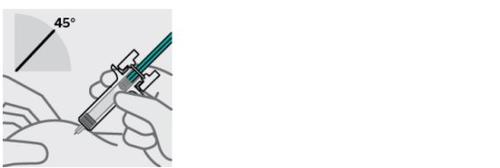 Рука, держащая шприц с иглой, введенной в кожу под углом 45 градусов, указанным числом